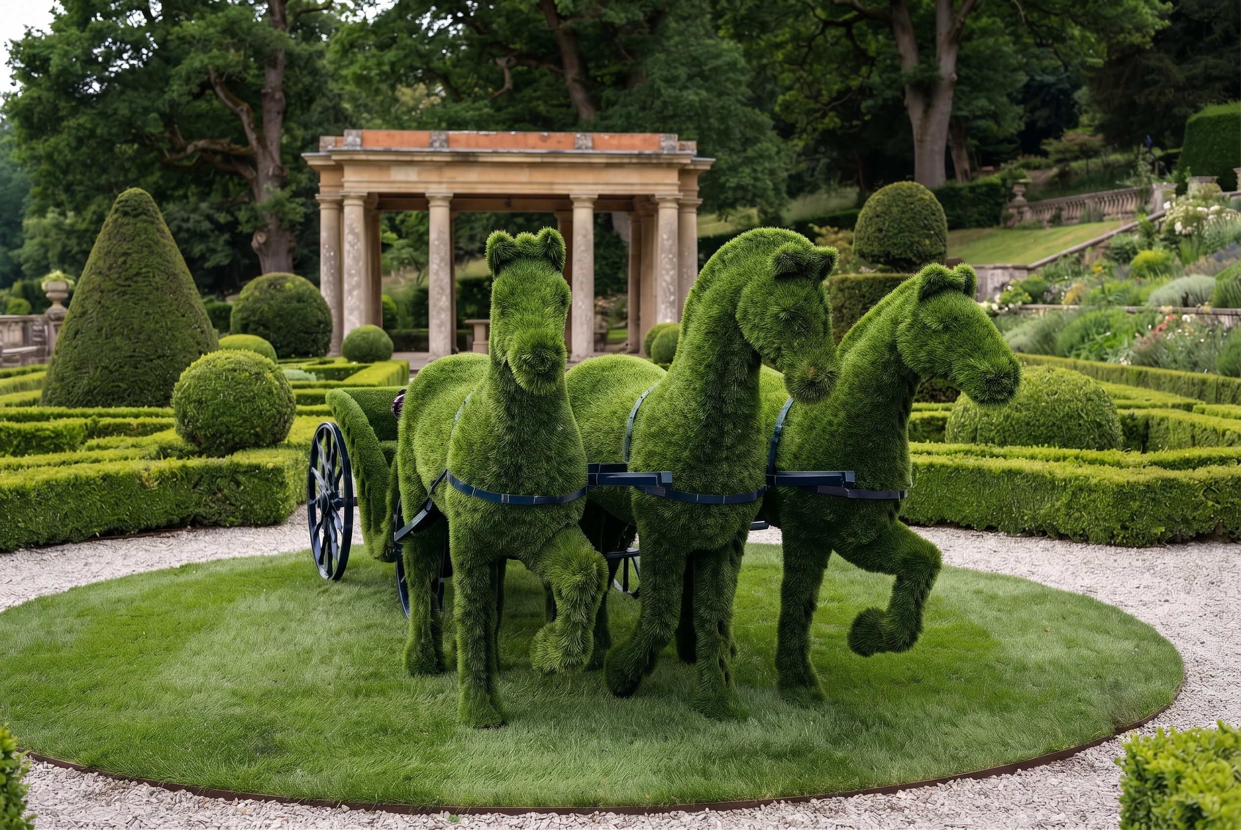 Three Horse-Drawn Carriage Anıtsal Üç Atlı Fayton Figürlü Peyzaj Sanatı - Çelik Konstrüksiyon Yapay Çim Heykeli ve Dev Topiary Seti (Kişiye Özel Ebat)