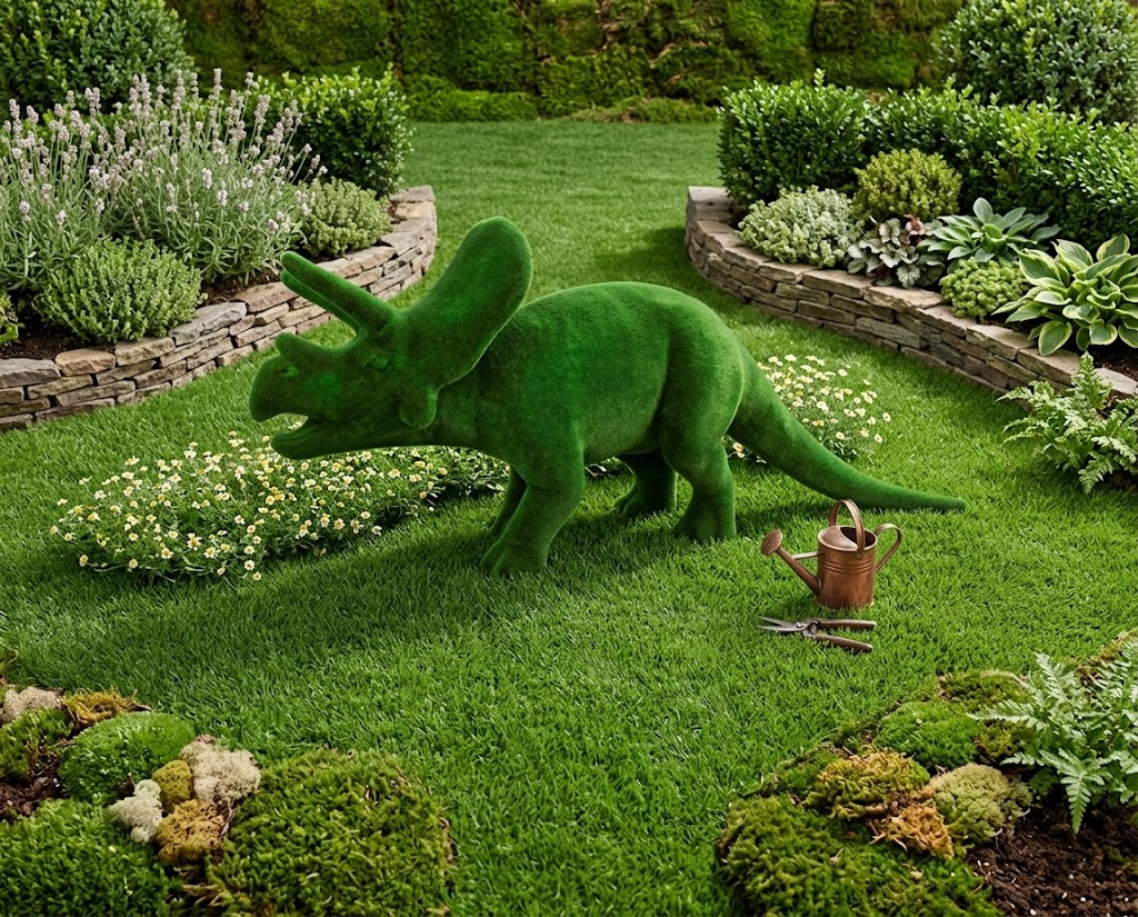 Triceratops big Dev Üç Boynuzlu Dinozor Figürlü Peyzaj Sanatı - Çelik Konstrüksiyon Yapay Çim Heykeli ve Topiary 235x550x150 cm
