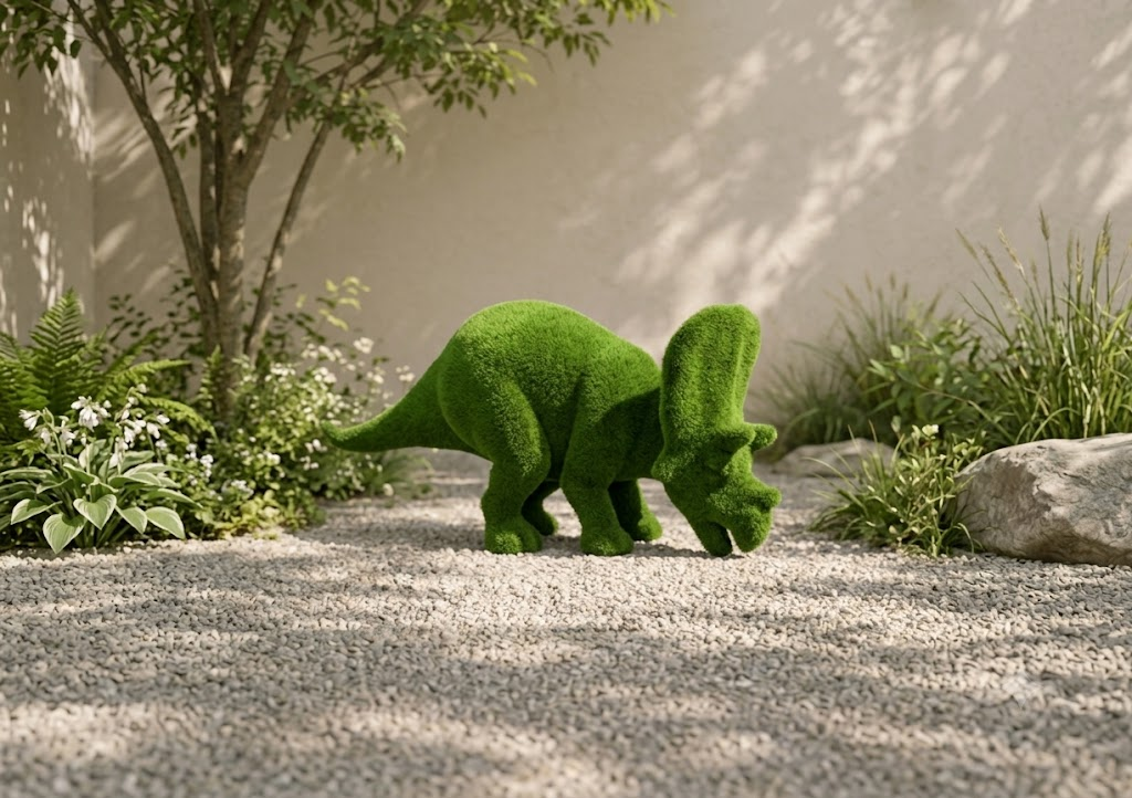 Triceratops small Üç Boynuzlu Dinozor Figürlü Peyzaj Sanatı - Çelik Konstrüksiyon Yapay Çim Heykeli ve Topiary 170x410x125 cm