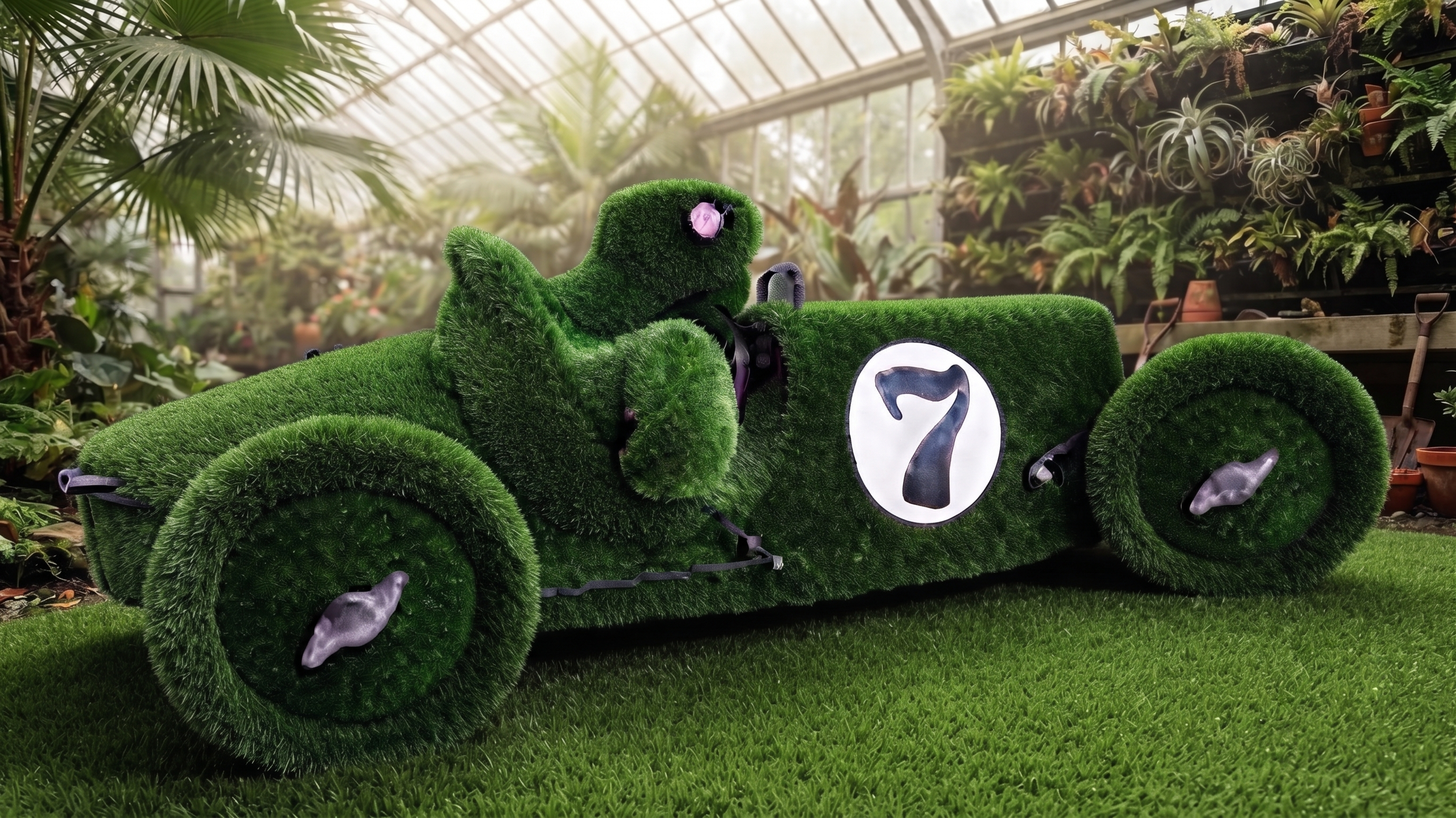 Turtle in Retro Car Klasik Arabalı Kaplumbağa Figürlü Peyzaj Sanatı - Çelik Konstrüksiyon Yapay Çim Heykeli ve Dev Topiary 130x360x160 cm