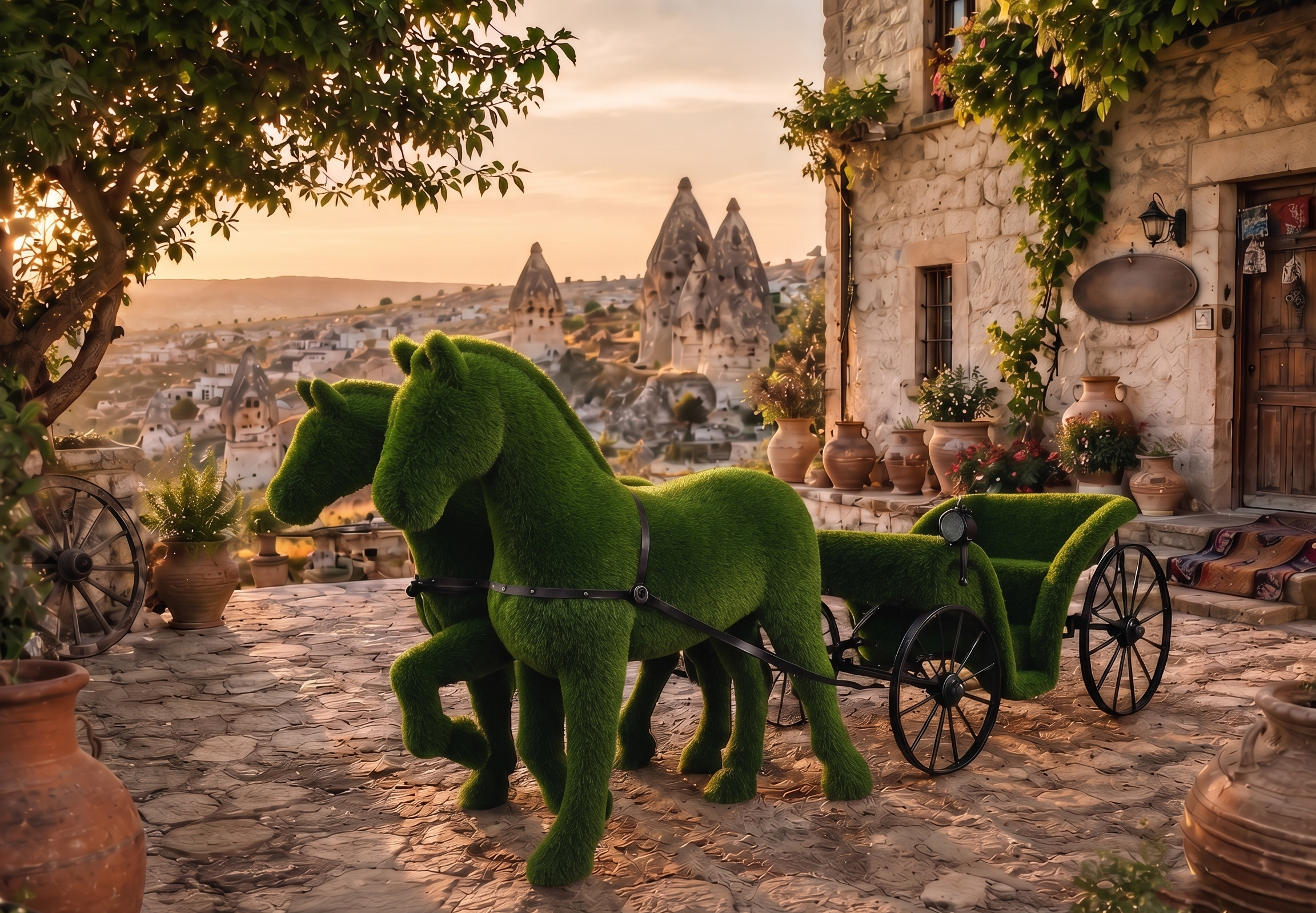 Two Horse-Drawn Carriage Anıtsal Çift Atlı Fayton Arabası - Çelik Konstrüksiyon Yapay Çim Heykeli ve Dev Topiary 210x580x160 cm