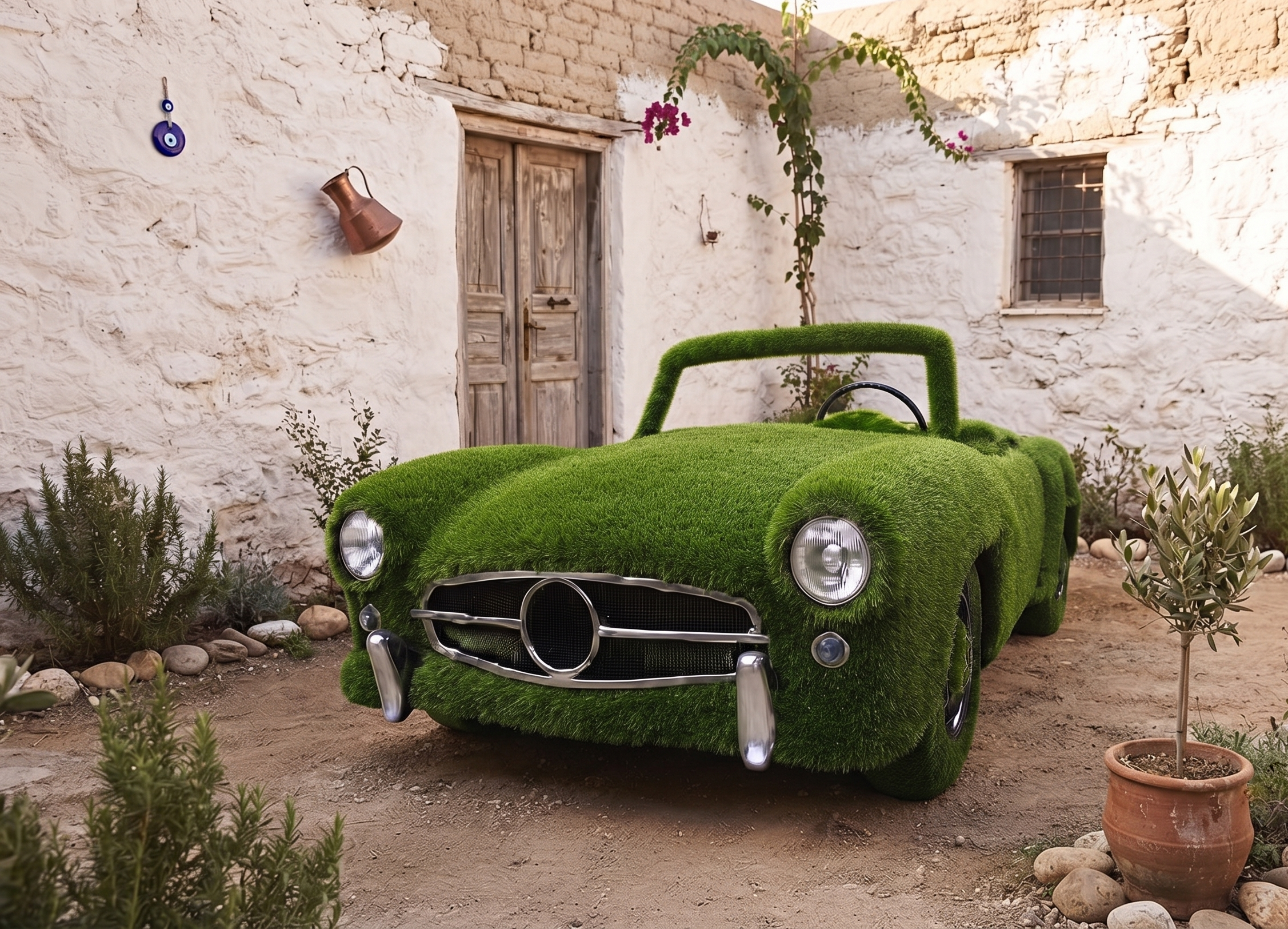 Vintage Sport Car Görkemli Klasik Yarış Arabası Figürlü Peyzaj Sanatı - Çelik Konstrüksiyon Yapay Çim Heykeli ve Dev Topiary 130x430x170 cm