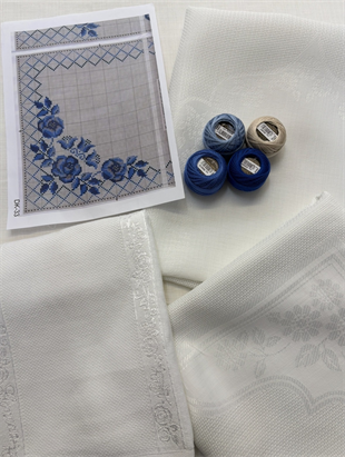 şablonlu (dk33) çiçek seccade kare örtü püskülsüz el havlusu seti mavi