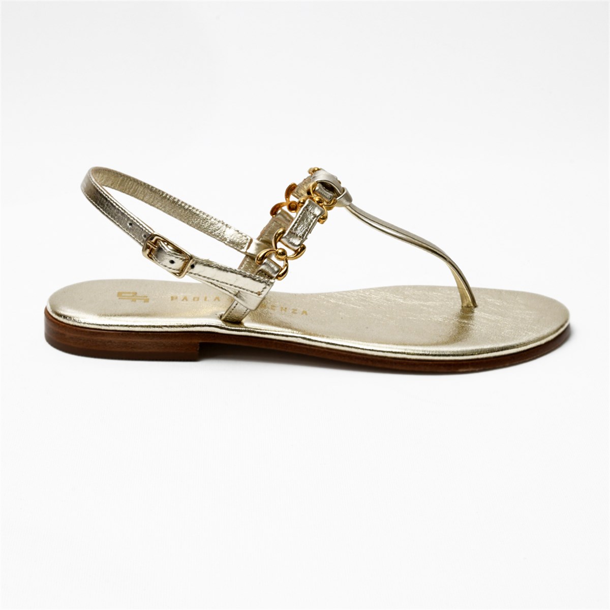 Paola Fiorenza Parmak Arası Metal Aksesuarlı Kösele Tabanlı Metalik Deri Sandalet (PFP)