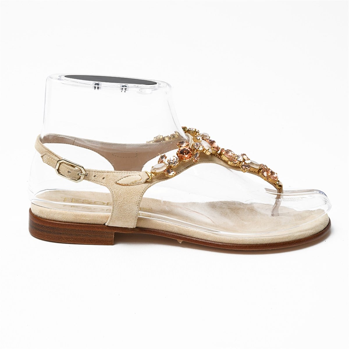 Tesorone Swarovski Taşlı Süet Kösele Tabanlı Deri Sandalet (T322)