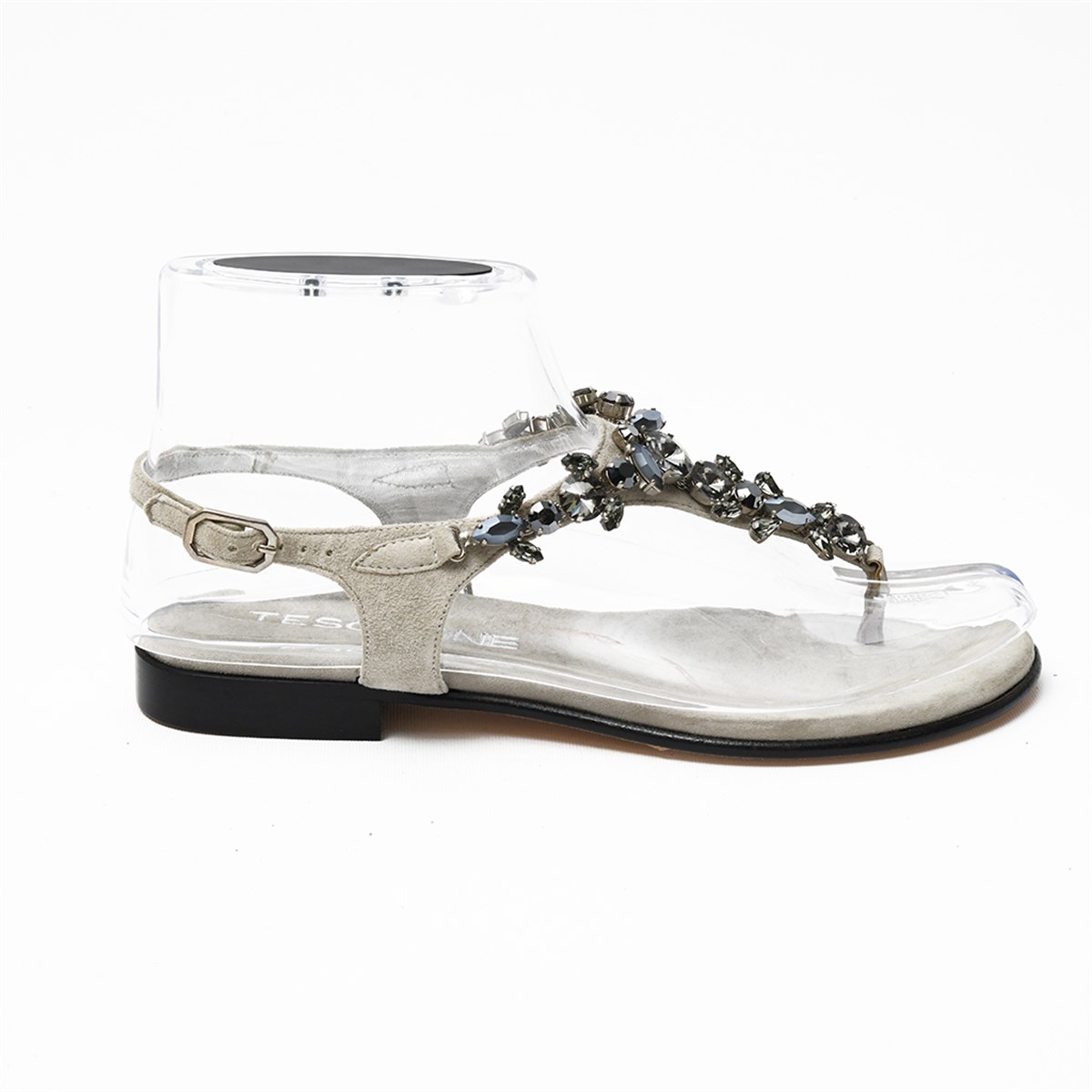 Tesorone Swarovski Taşlı Süet Kösele Tabanlı Deri Sandalet (T050F)