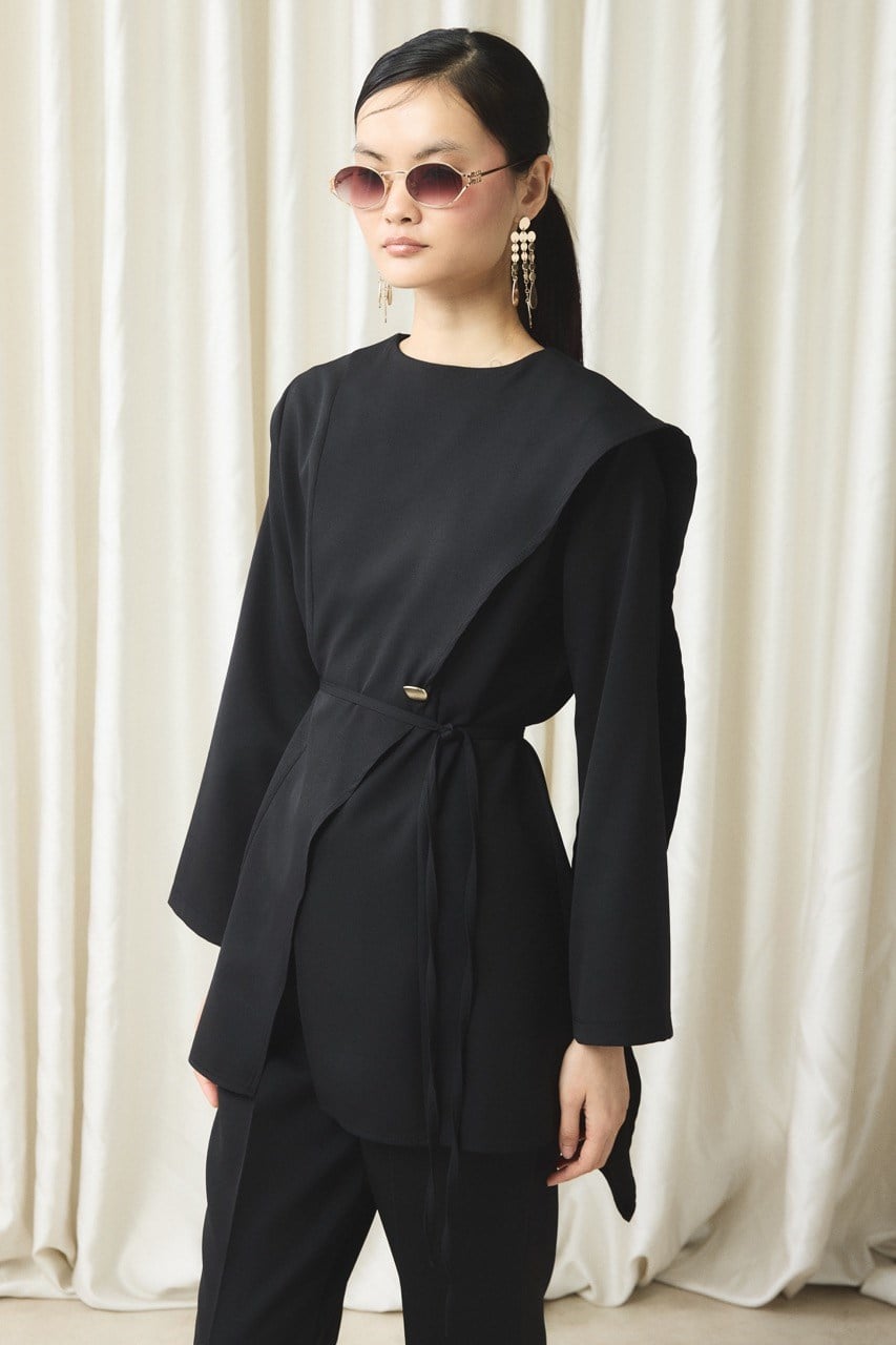 Asimetrik Double Pantolon Takım - Siyah