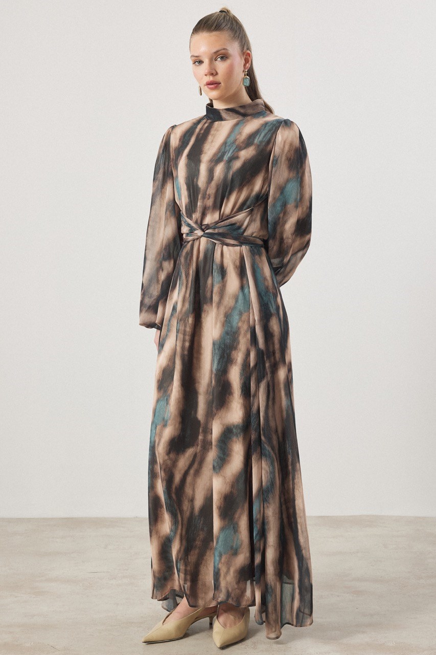 Bel Bağlama Detaylı Yoryo Şifon Baskılı Elbise - Turkuaz