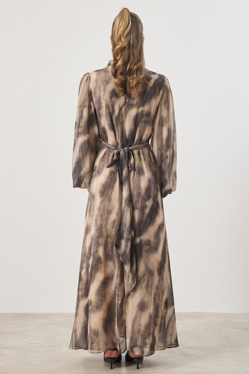 Bel Bağlama Detaylı Yoryo Şifon Baskılı Elbise - Haki