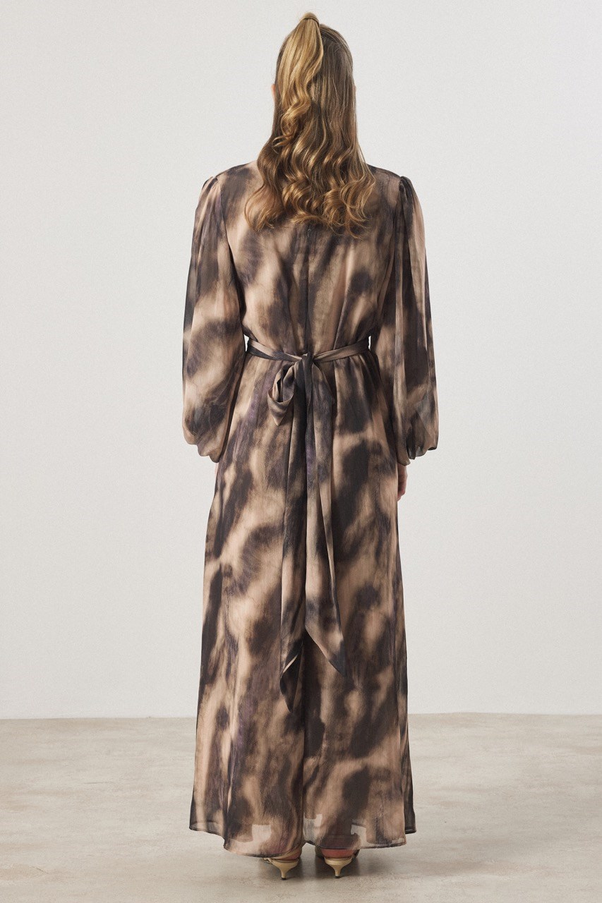 Bel Bağlama Detaylı Yoryo Şifon Baskılı Elbise - Siyah