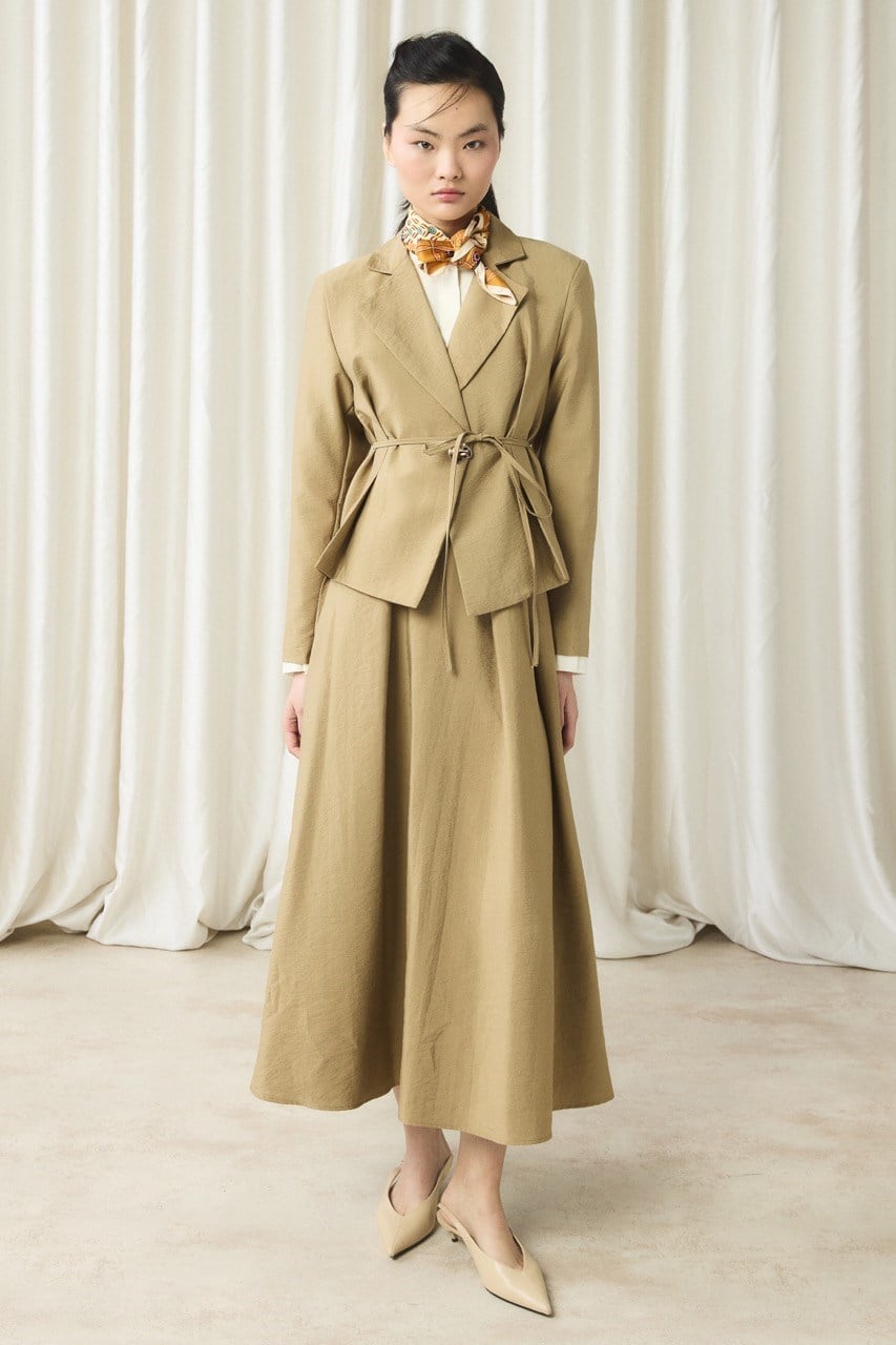 Belden Oturtmalı Ceketli Etek Takım - Yağ Yeşili