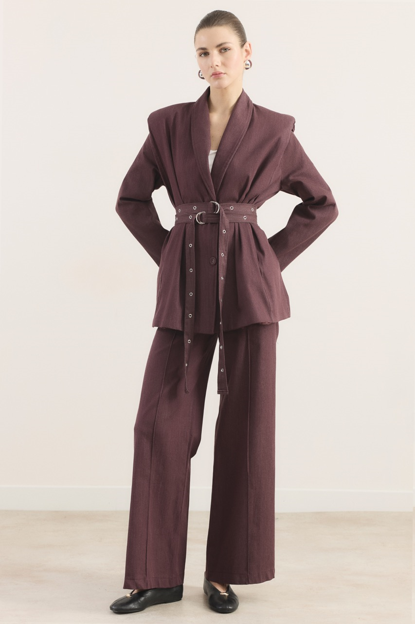 Çift Kemerli Kot Takım - Bordo