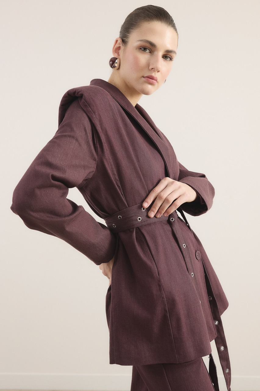 Çift Kemerli Kot Takım - Bordo