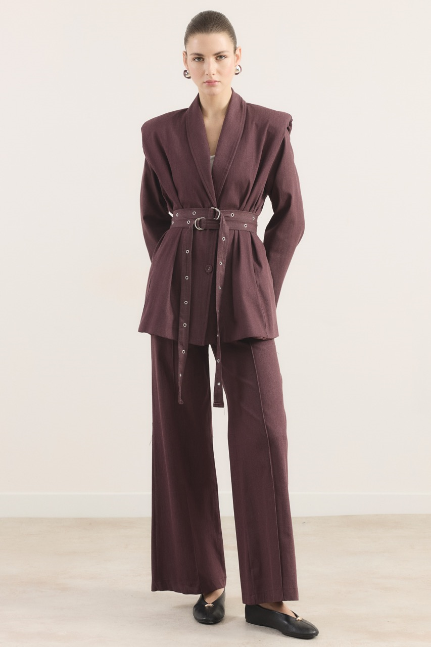 Çift Kemerli Kot Takım - Bordo