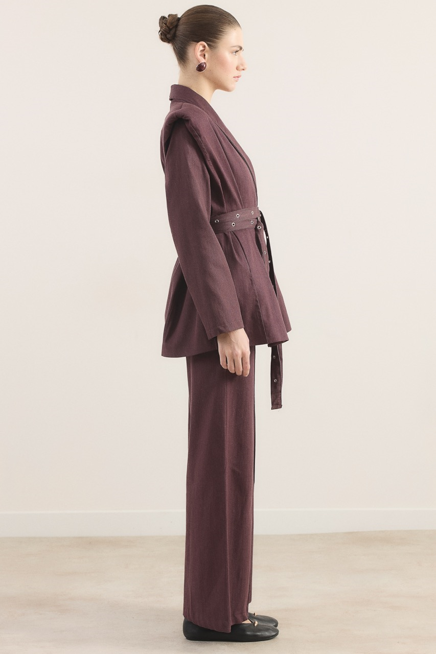 Çift Kemerli Kot Takım - Bordo