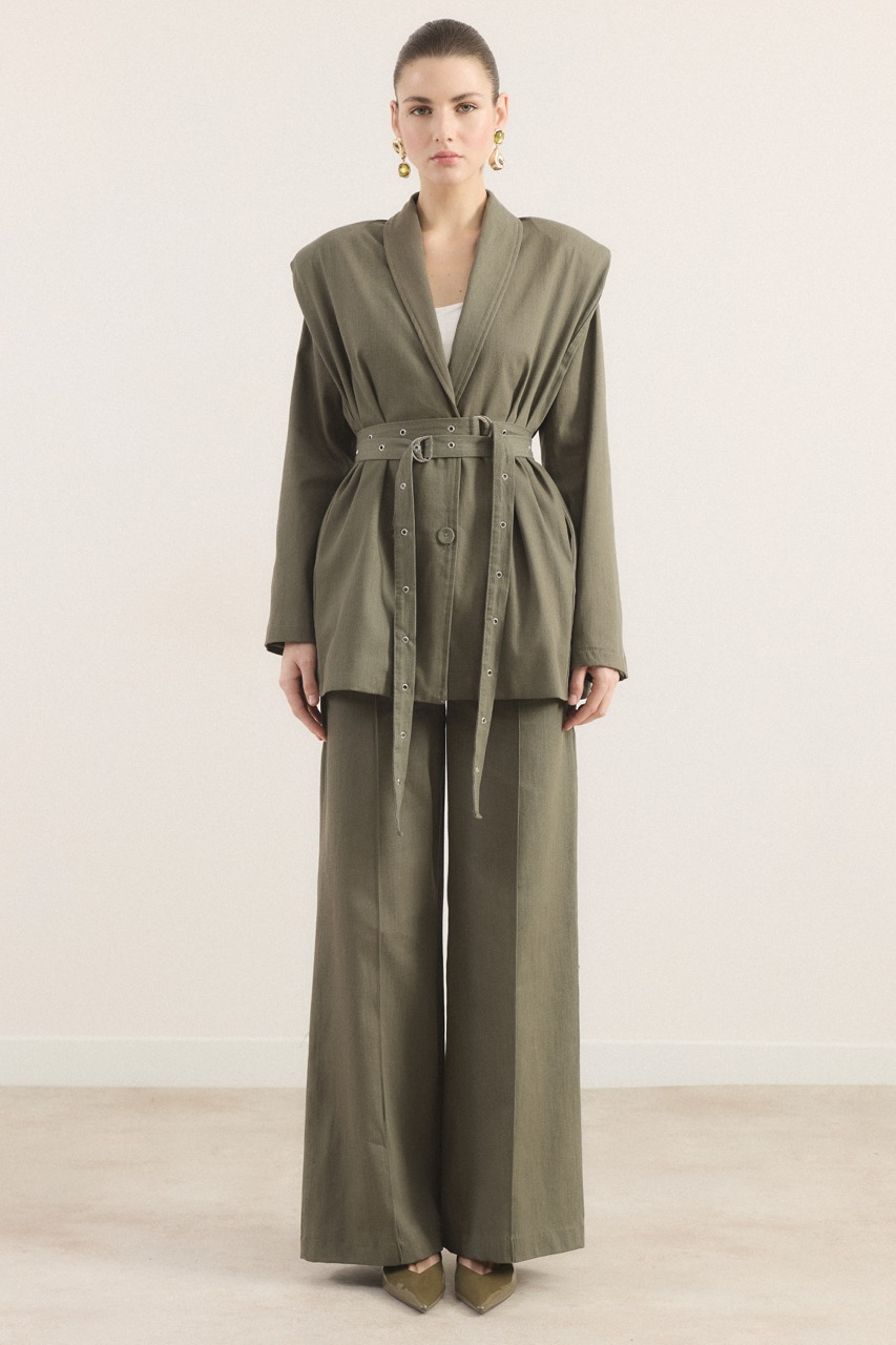 Çift Kemerli Kot Takım - Haki