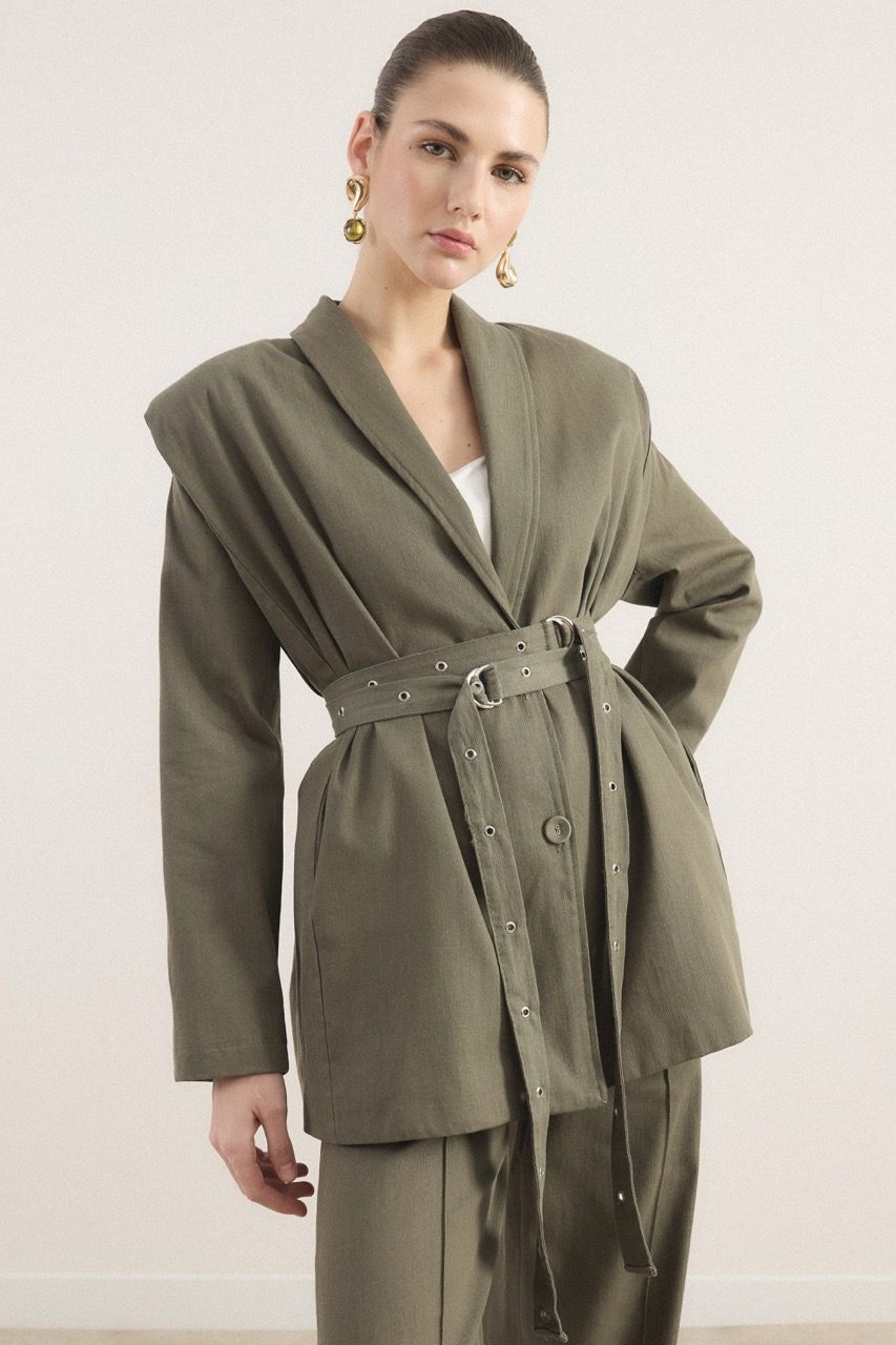 Çift Kemerli Kot Takım - Haki