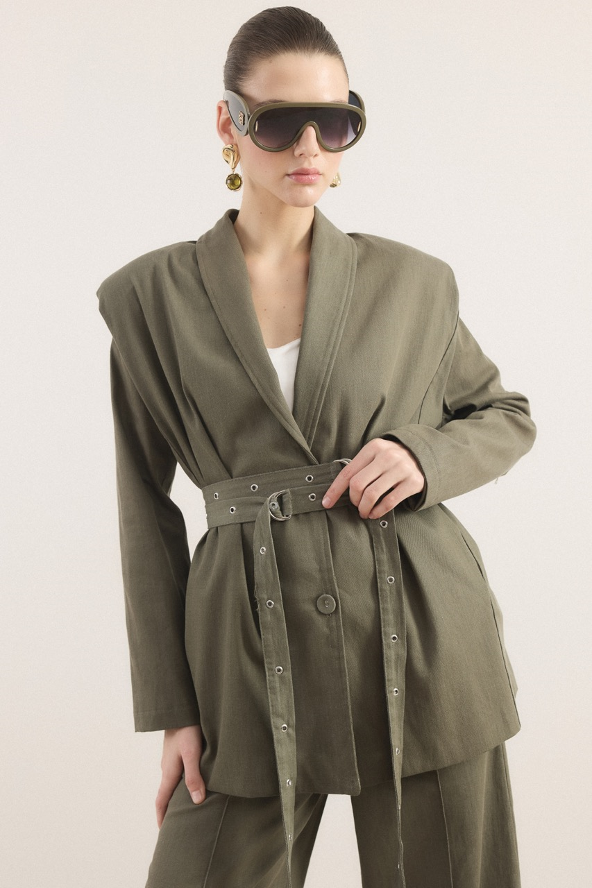 Çift Kemerli Kot Takım - Haki