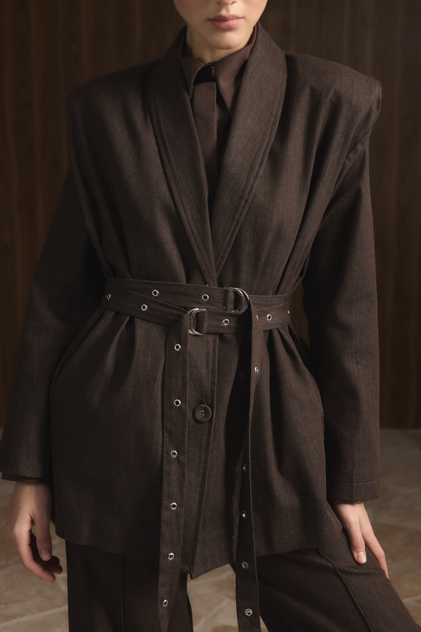 Çift Kemerli Kot Takım - Kahve