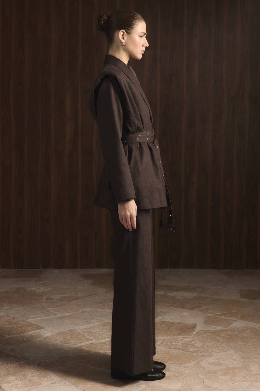 Çift Kemerli Kot Takım - Kahve