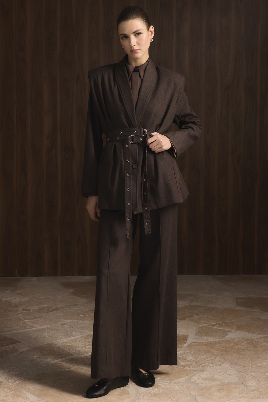 Çift Kemerli Kot Takım - Kahve