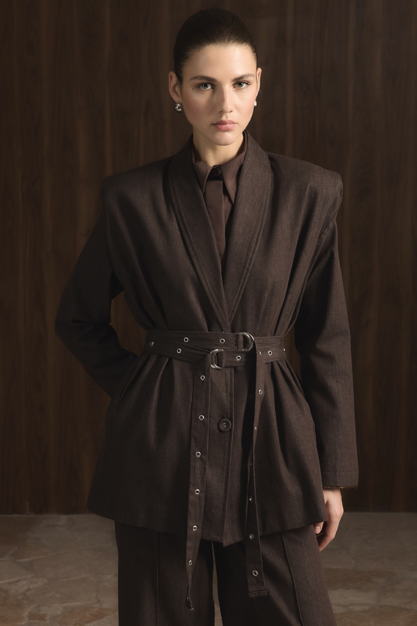 Çift Kemerli Kot Takım - Kahve