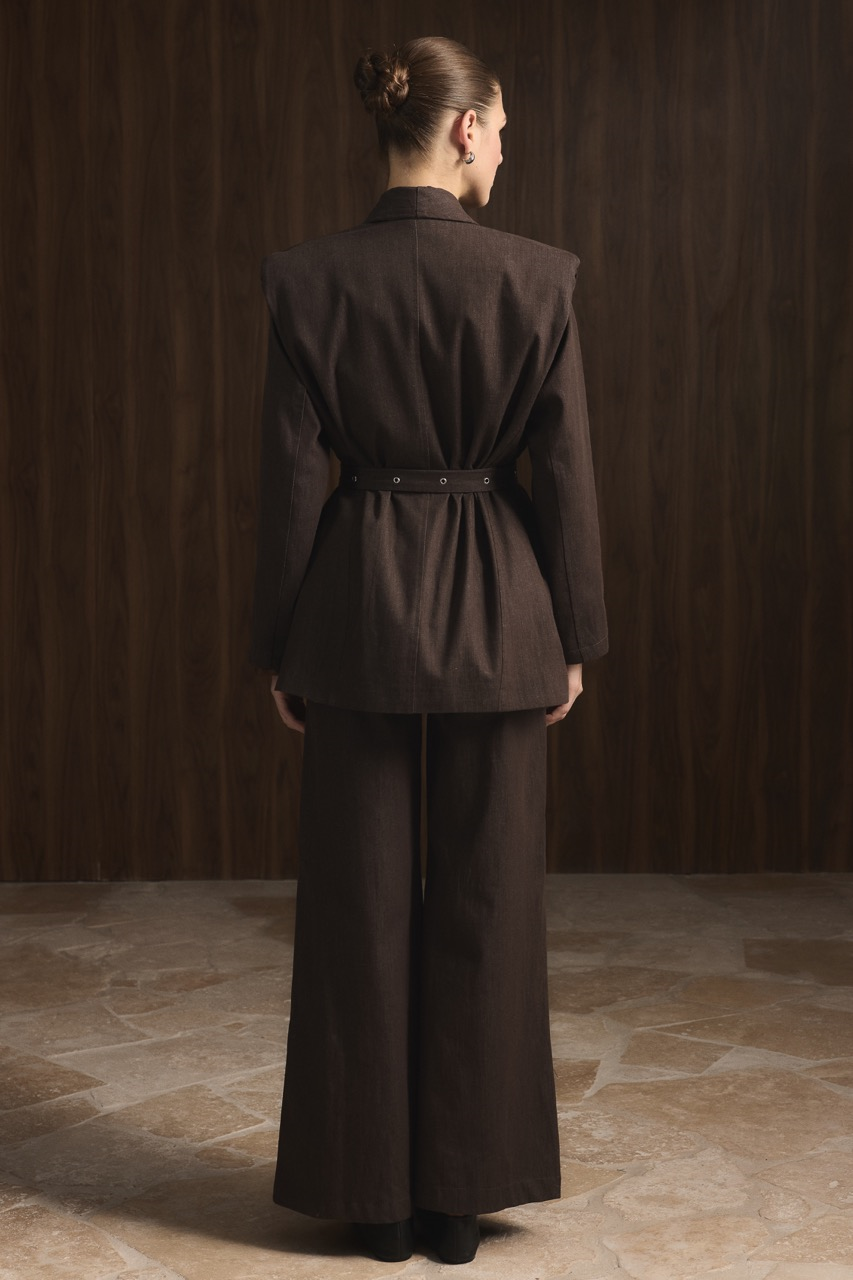 Çift Kemerli Kot Takım - Kahve