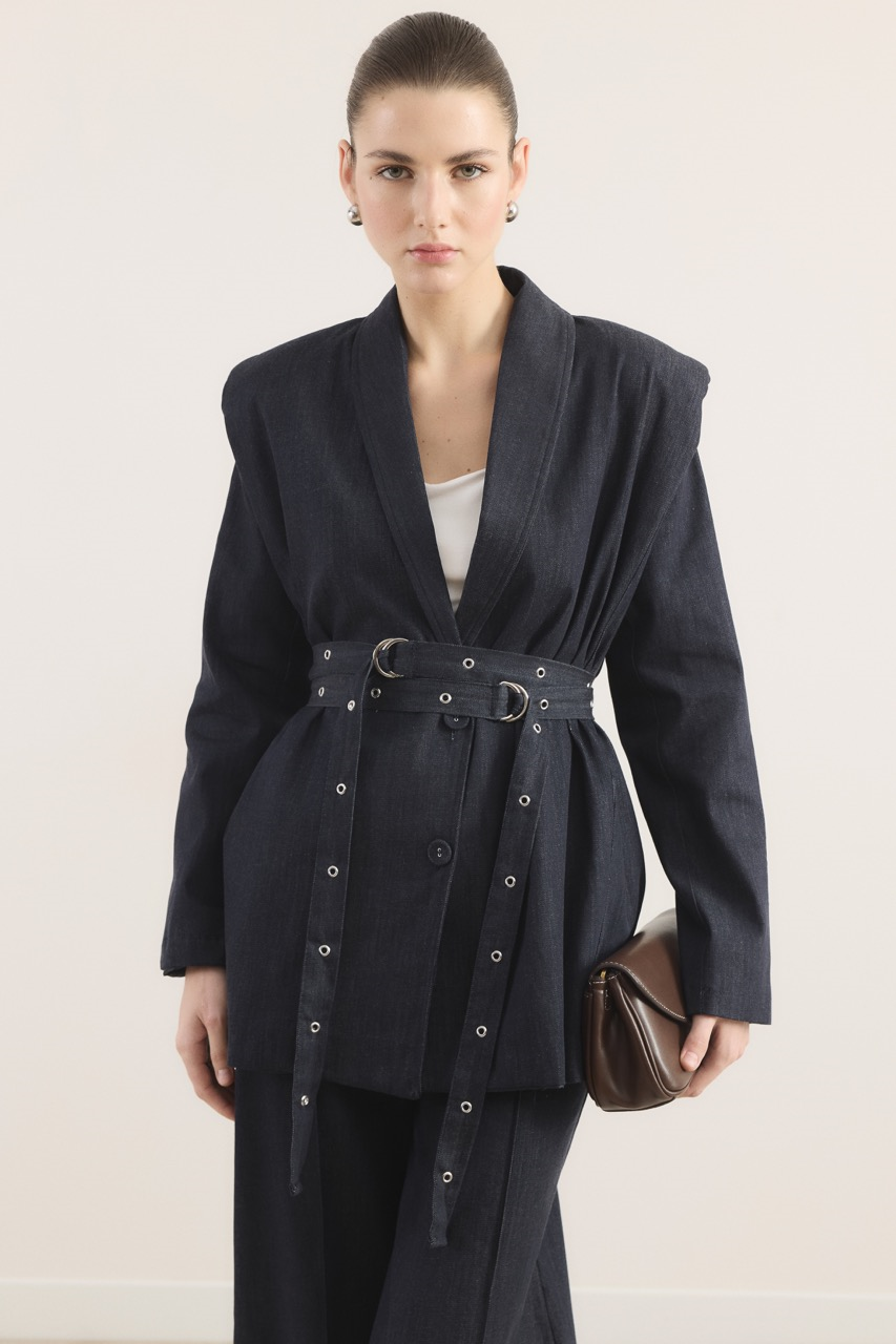 Çift Kemerli Kot Takım - Lacivert