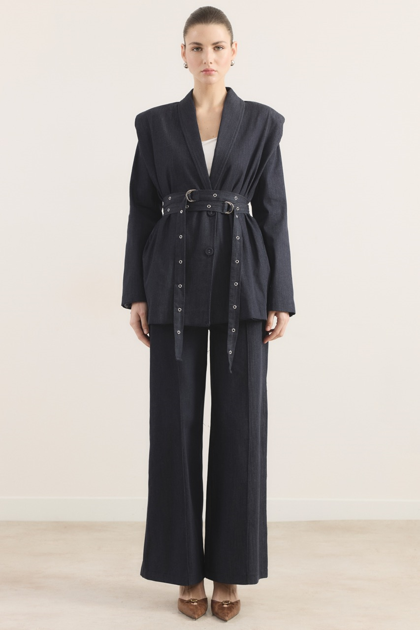 Çift Kemerli Kot Takım - Lacivert