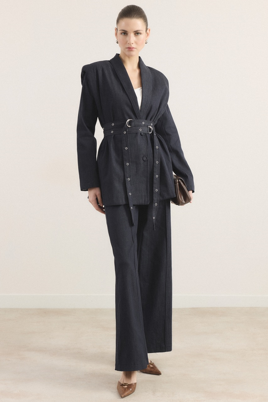 Çift Kemerli Kot Takım - Lacivert