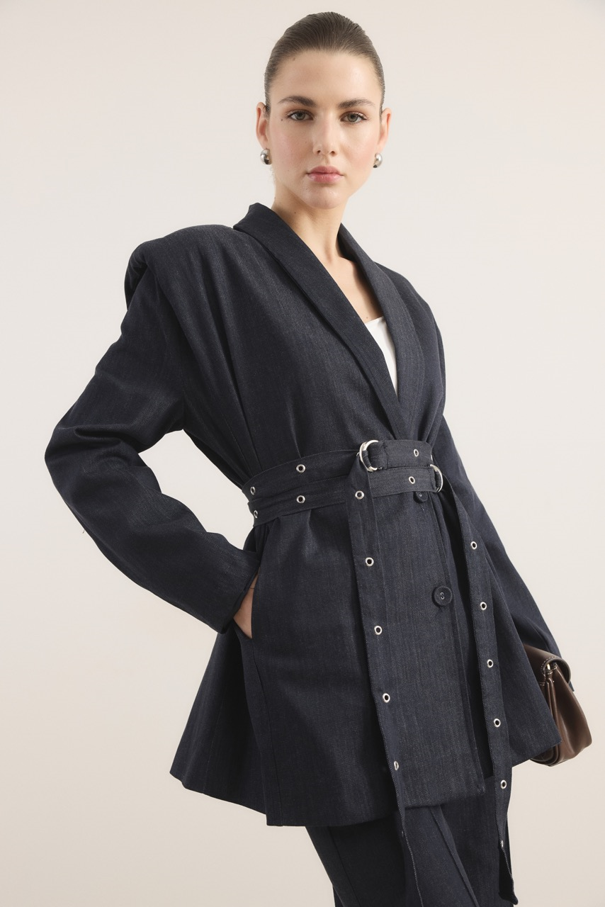 Çift Kemerli Kot Takım - Lacivert