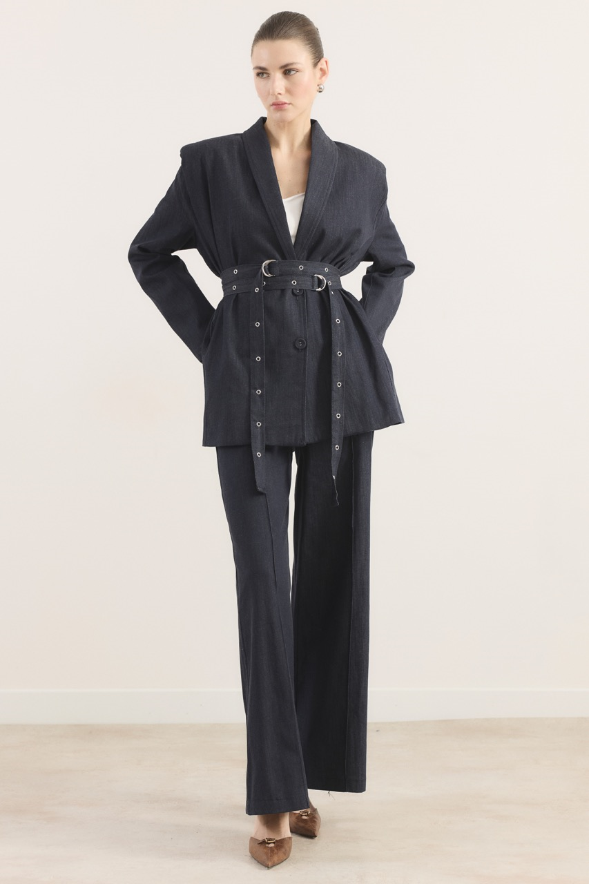 Çift Kemerli Kot Takım - Lacivert