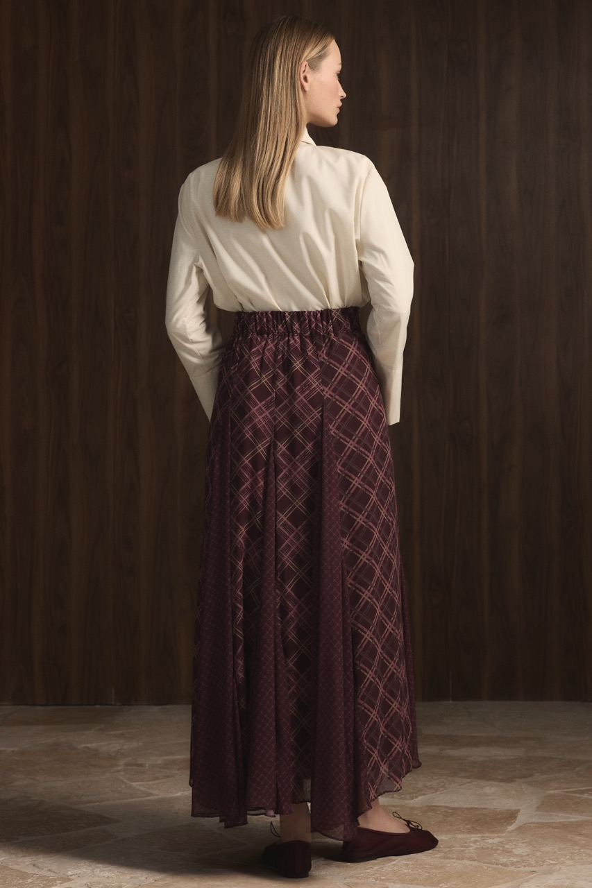 Ekose Şifon Baskılı Etek - Bordo