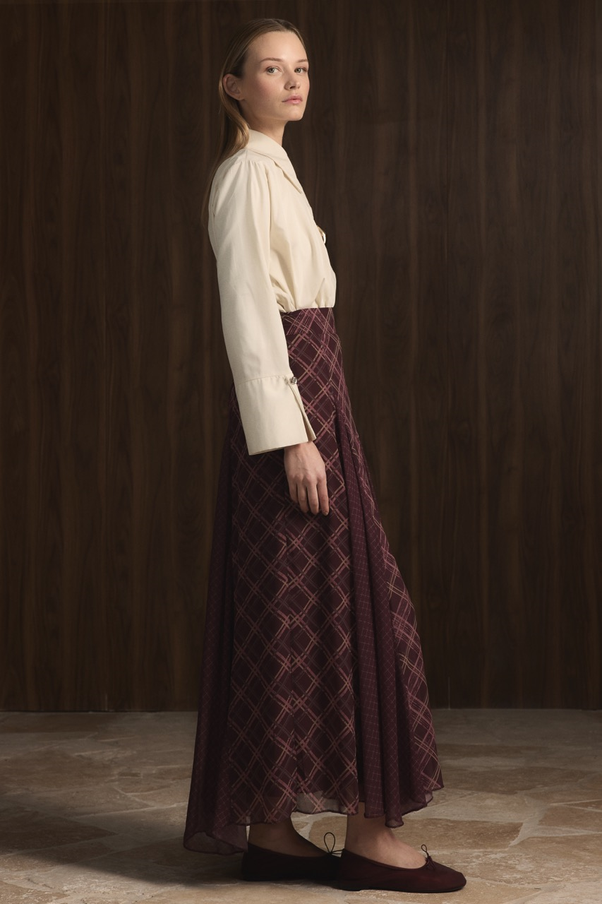 Ekose Şifon Baskılı Etek - Bordo