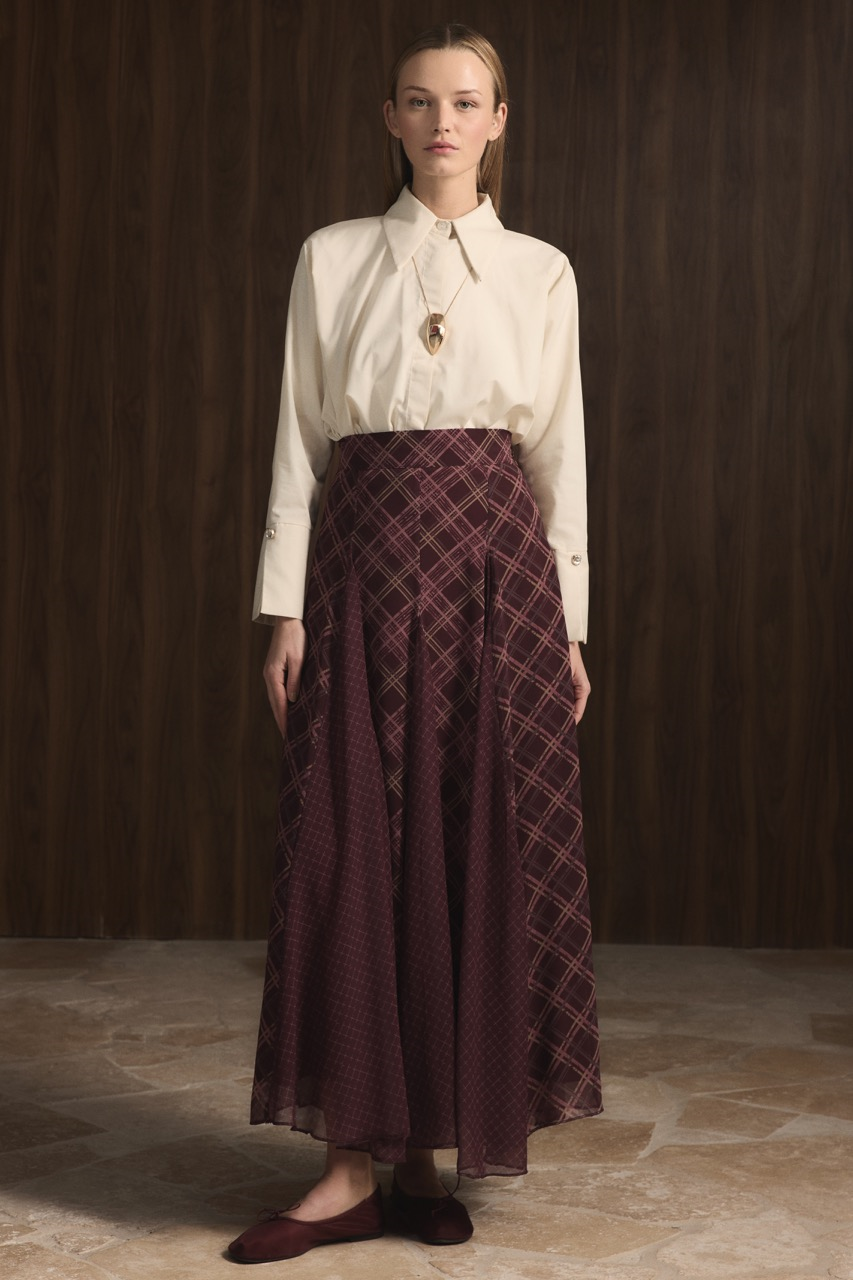 Ekose Şifon Baskılı Etek - Bordo