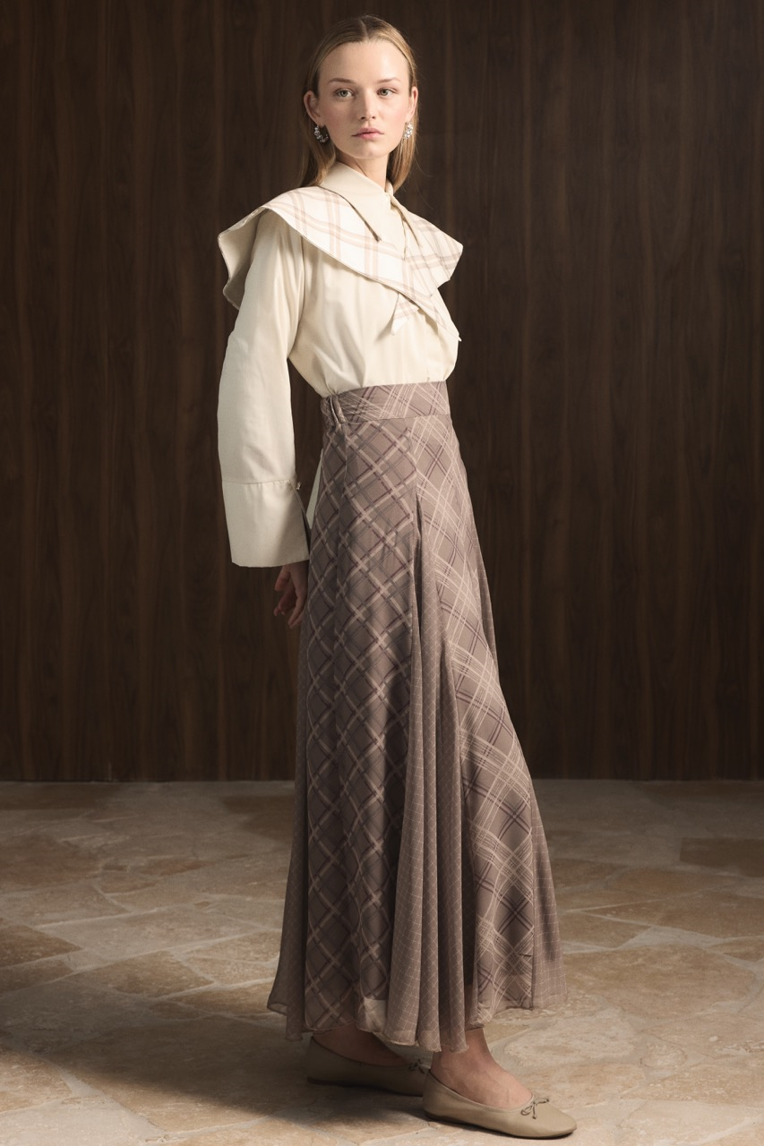 Ekose Şifon Baskılı Etek - Çağla