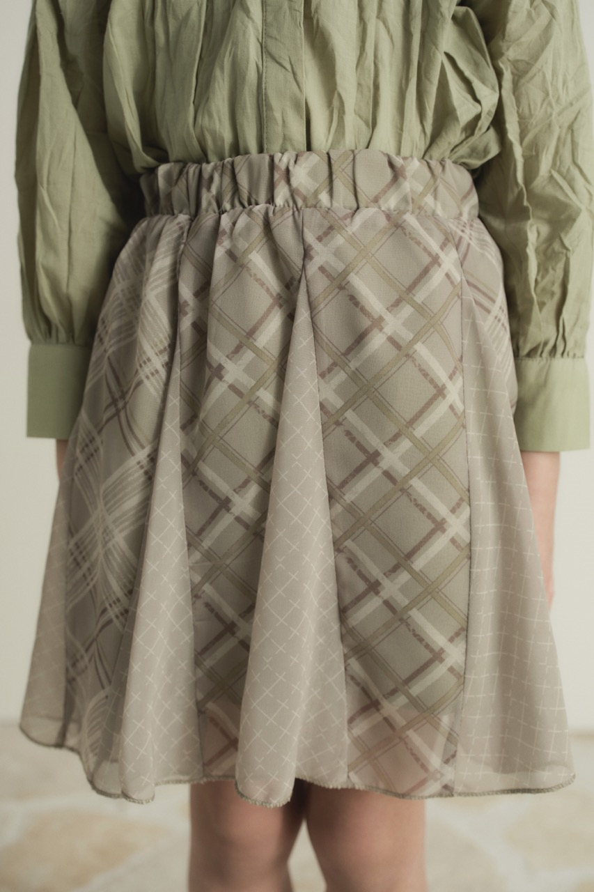 Ekose Şifon Baskılı Etek - Çağla