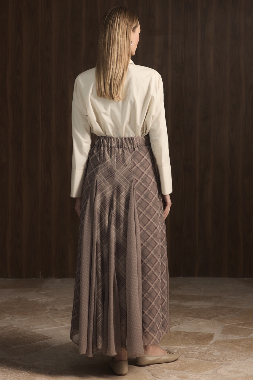 Ekose Şifon Baskılı Etek - Çağla