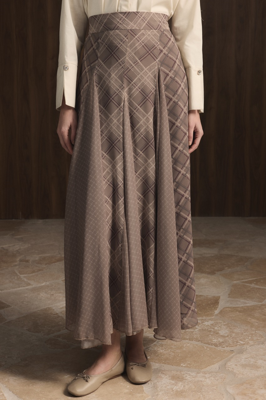 Ekose Şifon Baskılı Etek - Çağla