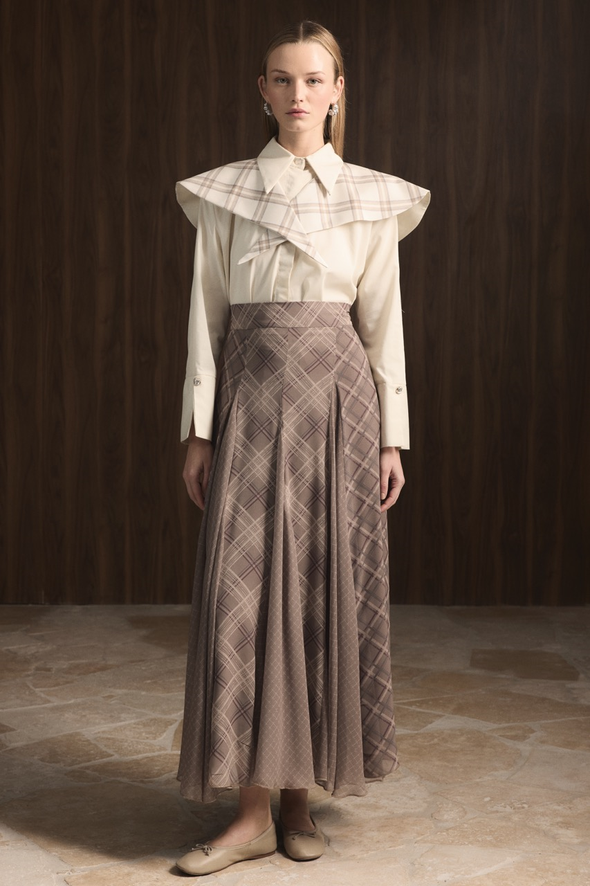 Ekose Şifon Baskılı Etek - Çağla