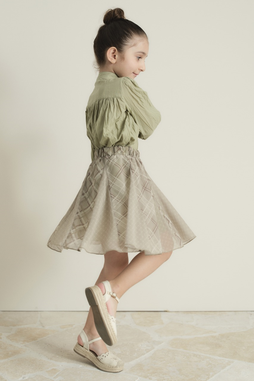 Ekose Şifon Baskılı Etek - Çağla