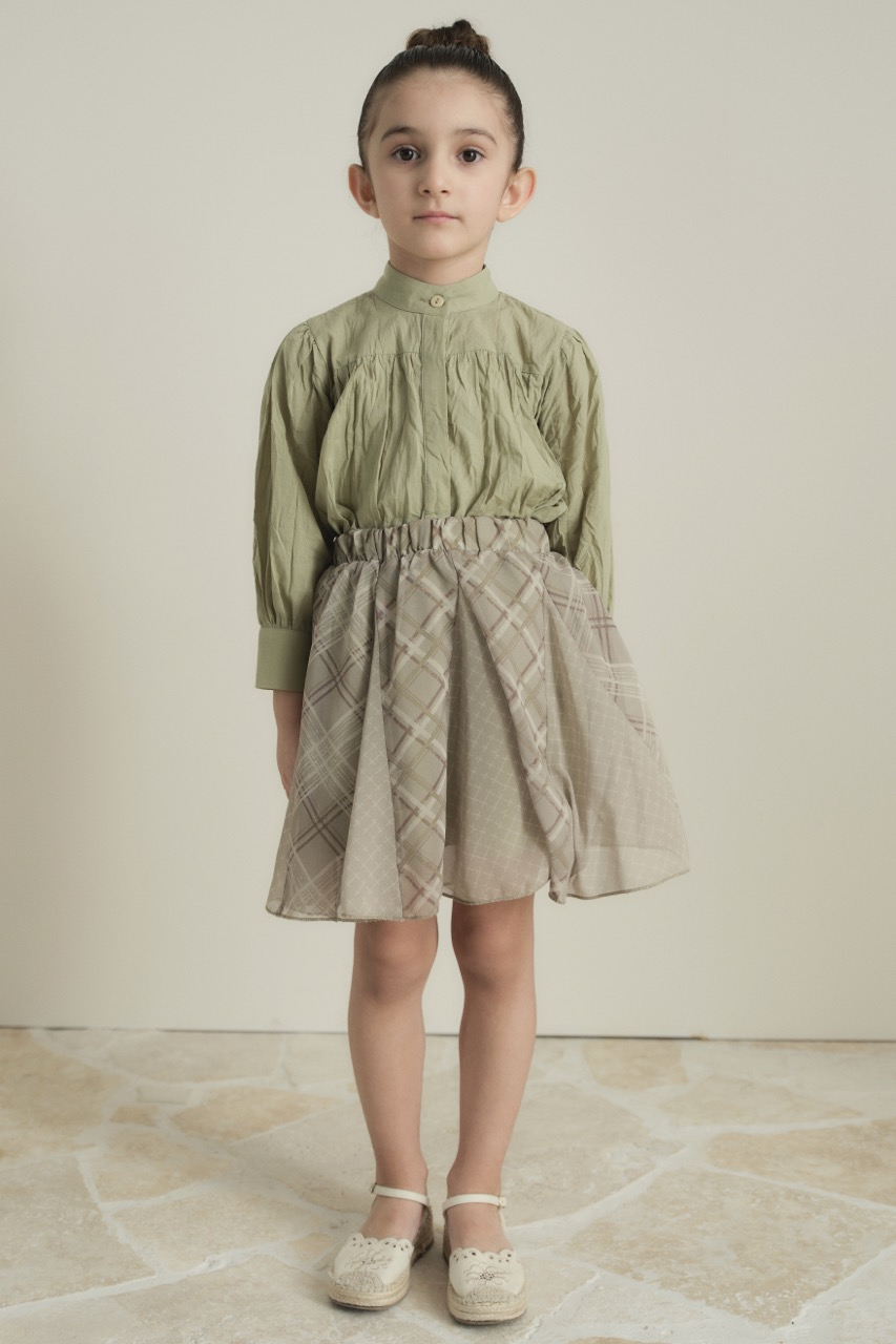 Ekose Şifon Baskılı Etek - Çağla