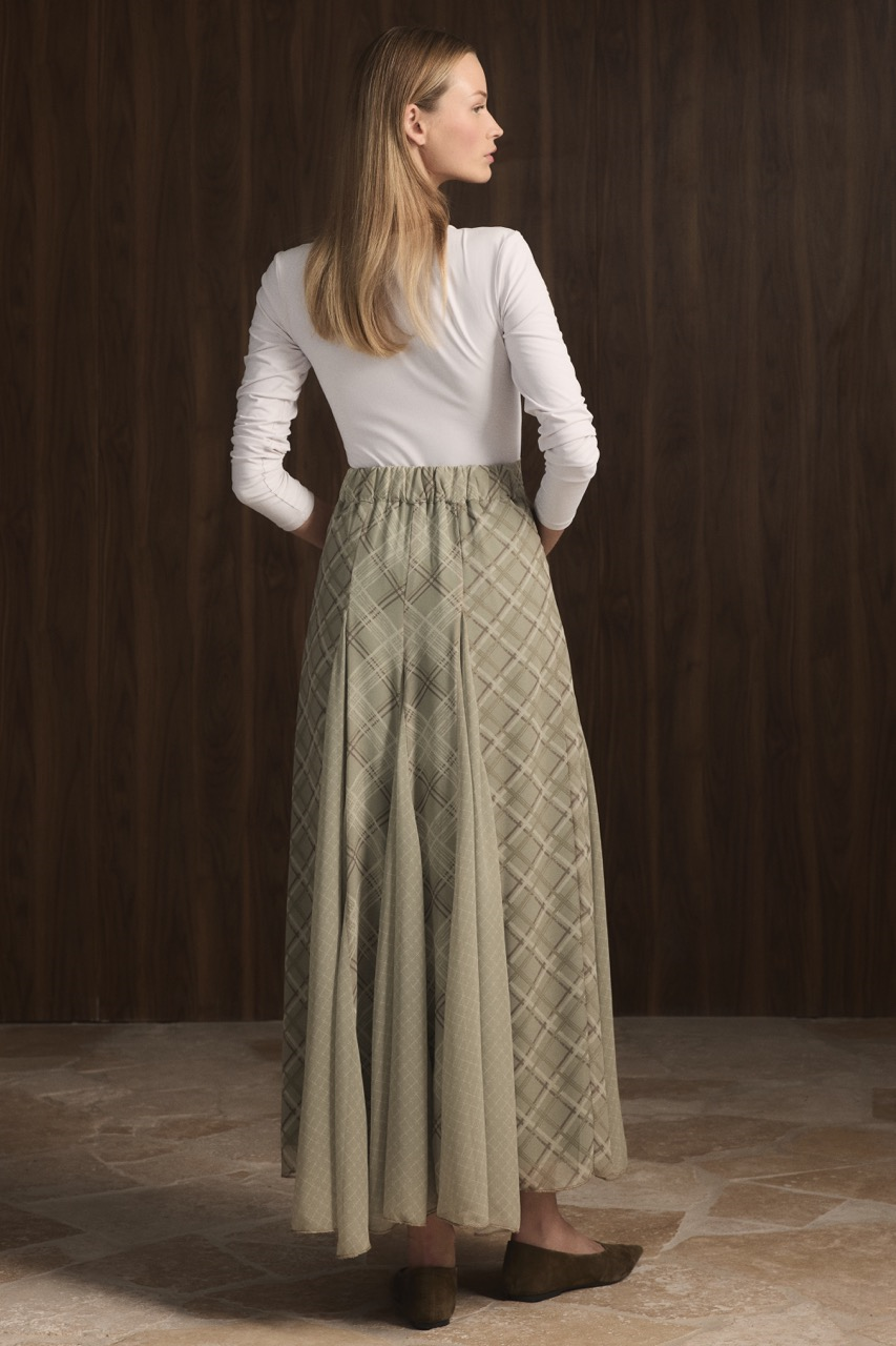 Ekose Şifon Baskılı Etek - Haki