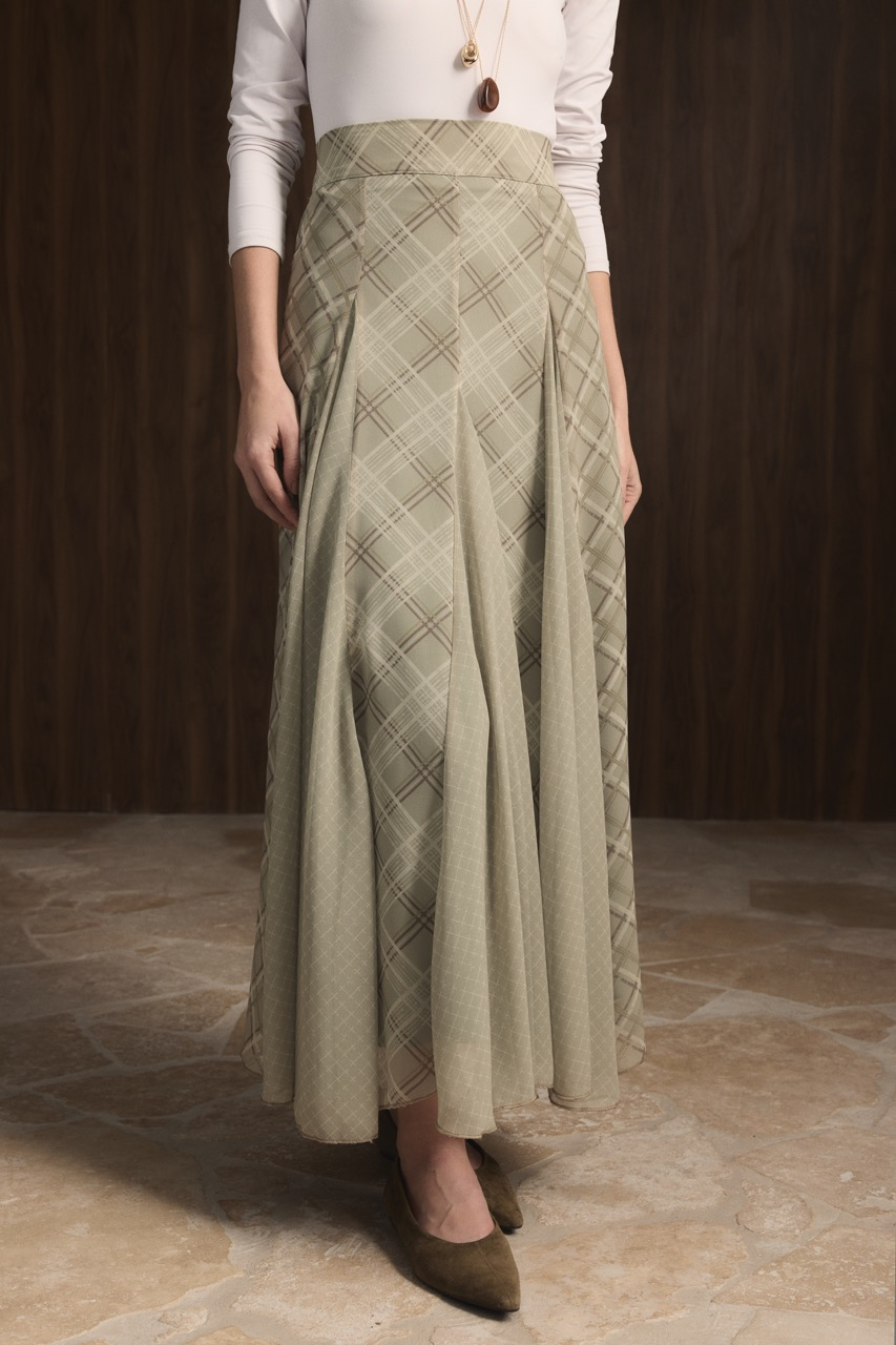 Ekose Şifon Baskılı Etek - Haki