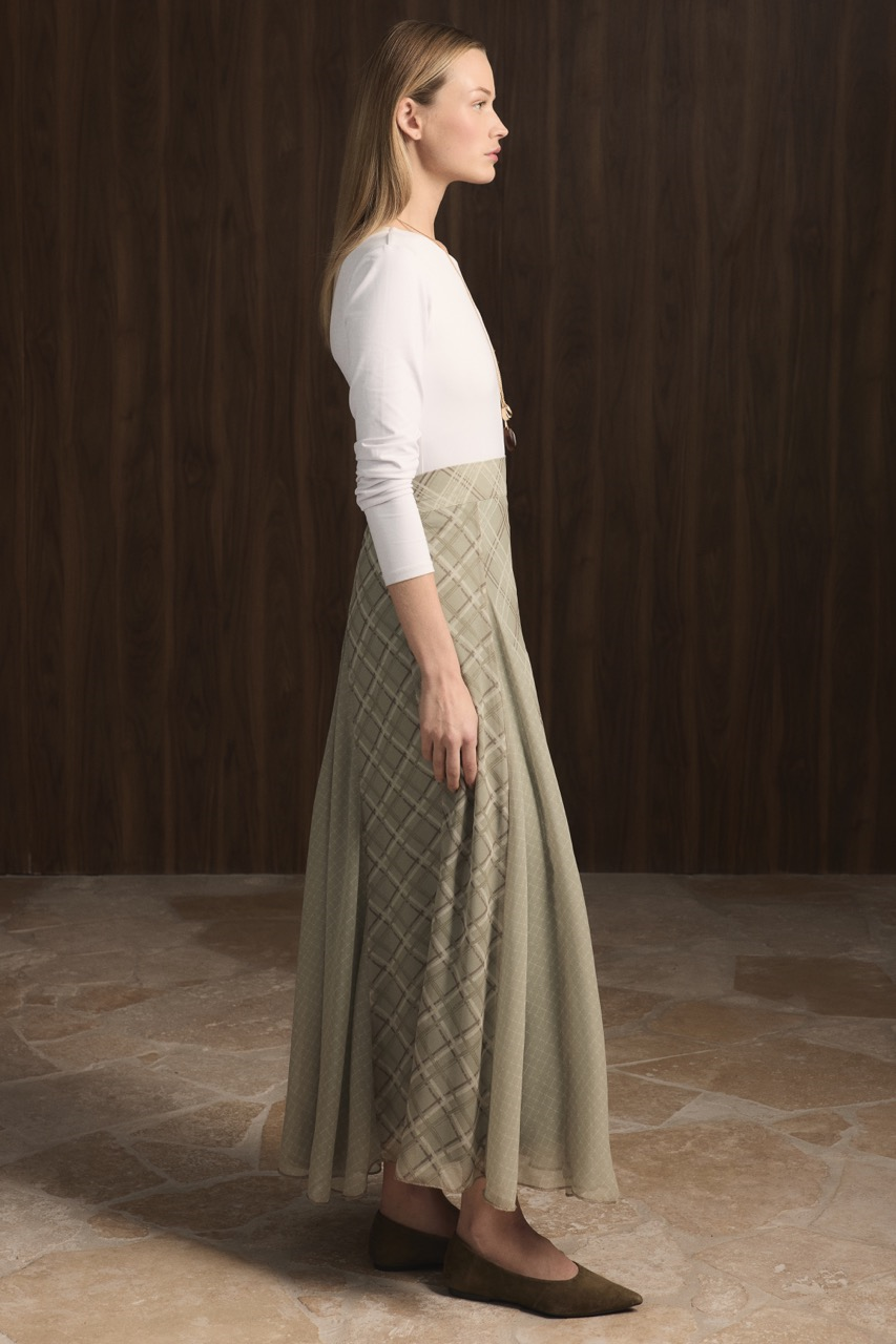 Ekose Şifon Baskılı Etek - Haki