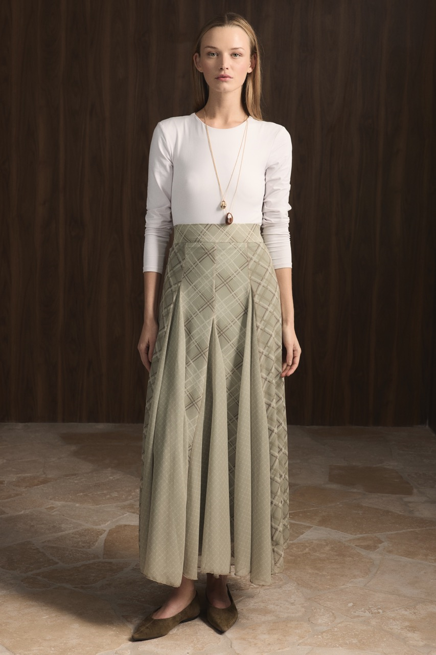 Ekose Şifon Baskılı Etek - Haki