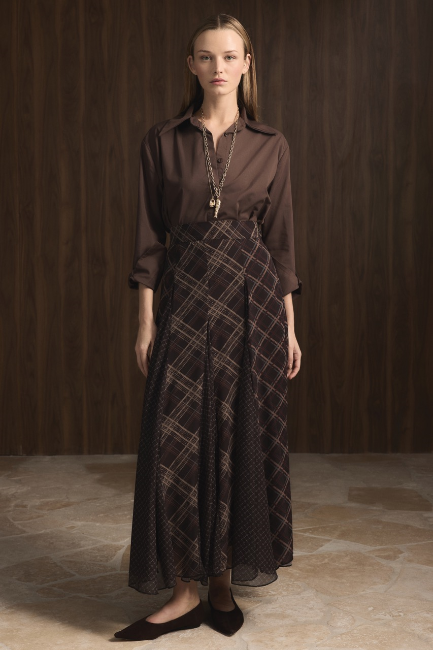 Ekose Şifon Baskılı Etek - Kahve