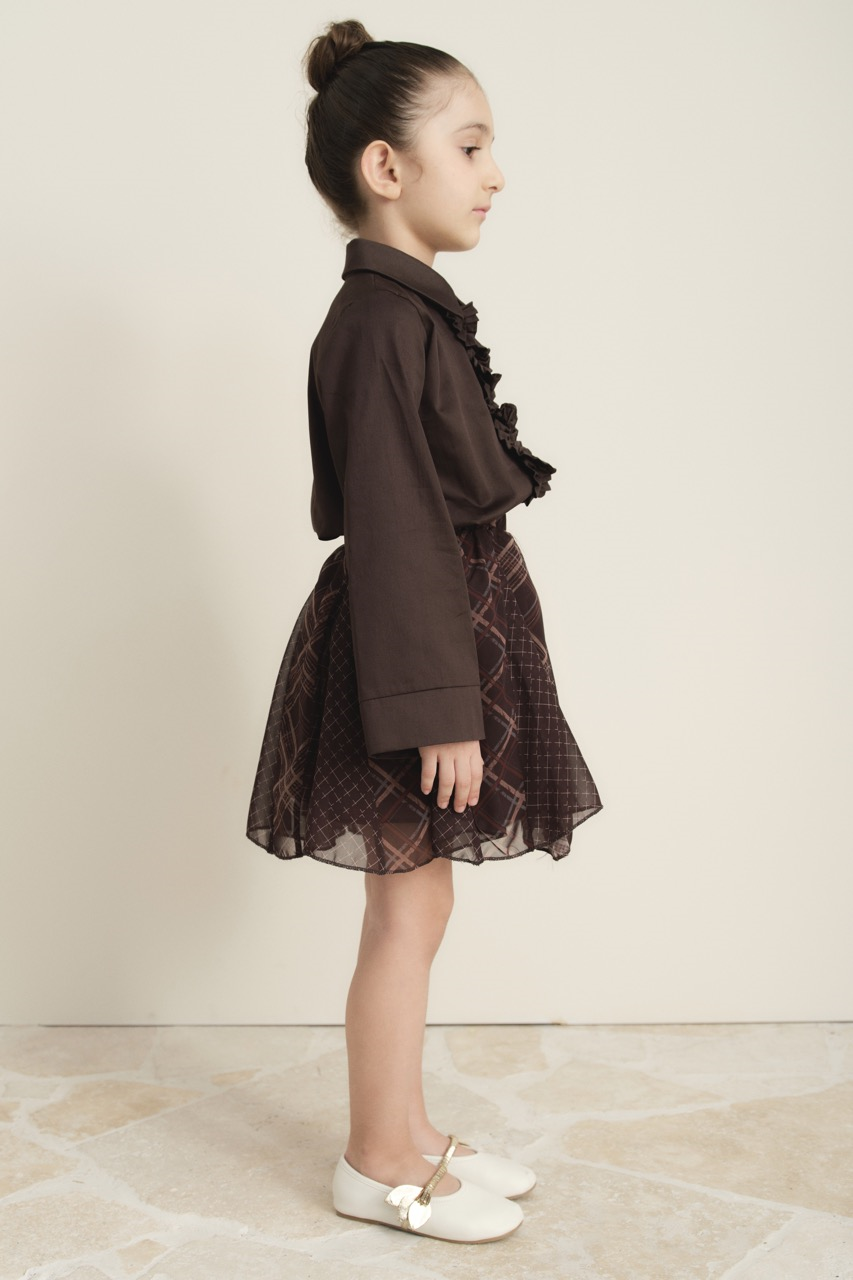 Ekose Şifon Baskılı Etek - Kahve