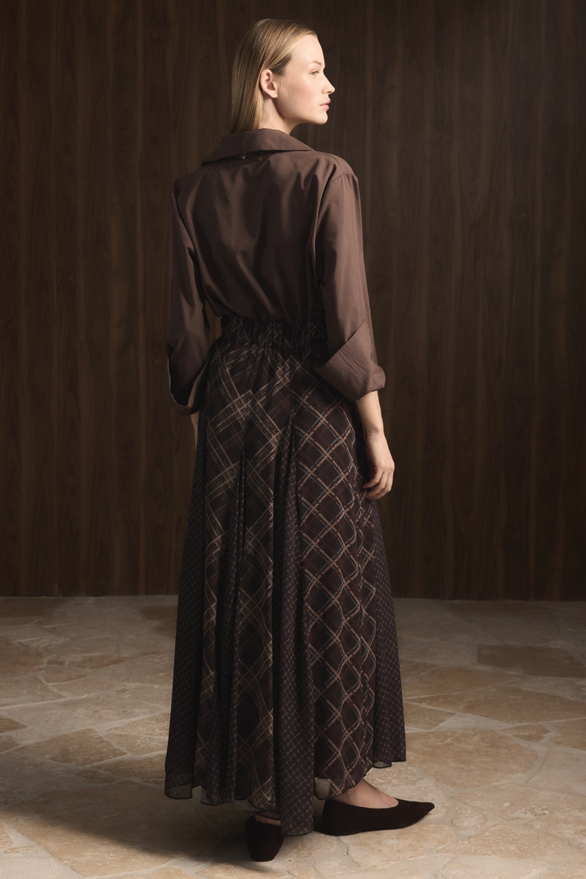 Ekose Şifon Baskılı Etek - Kahve