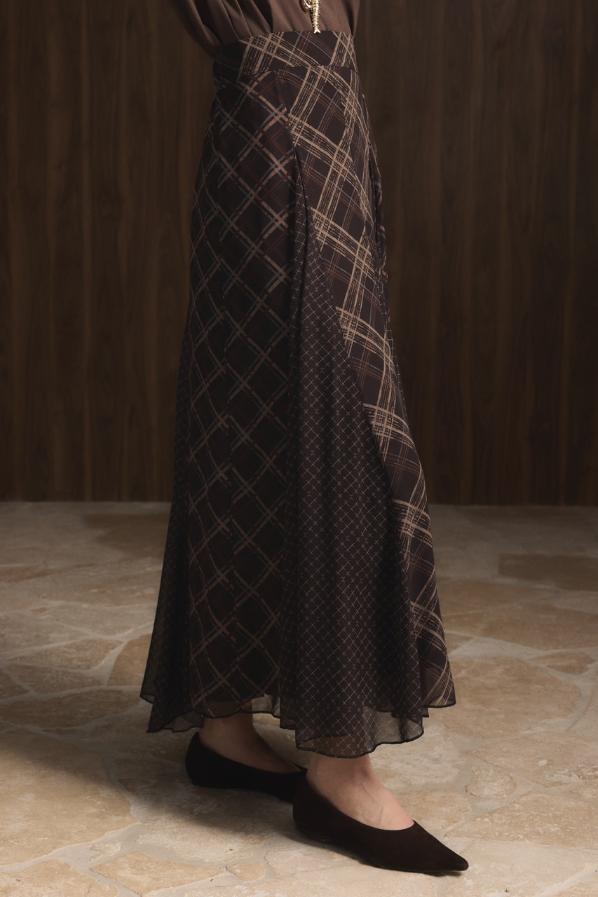 Ekose Şifon Baskılı Etek - Kahve